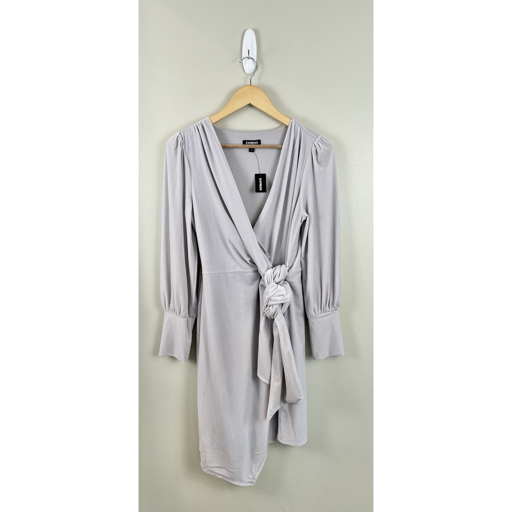 Express NWT Velvet Wrap Dress Sz M Long Sleeve Gray Tie Cocktail Event Occasion